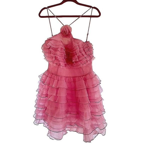 Staud Florian Tiered Ruffle Halter Minidress Pink Size 10 New with Tags NWT - Picture 4 of 10